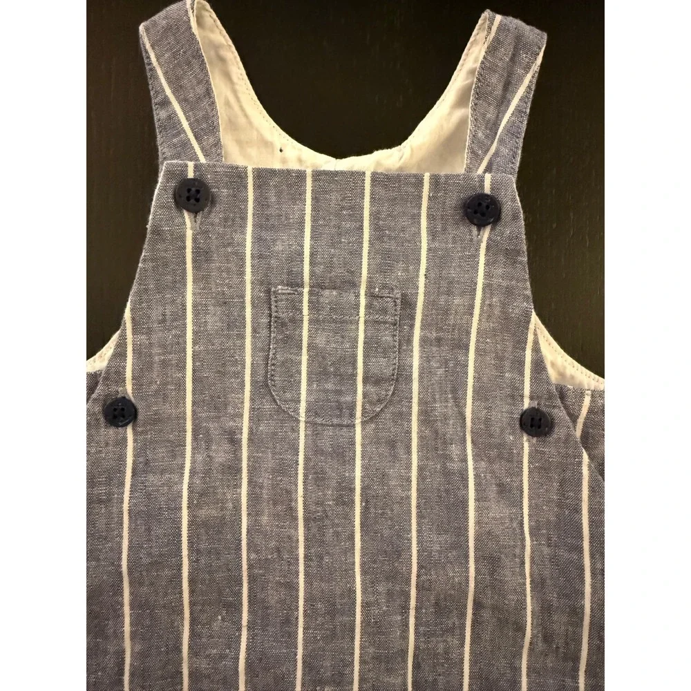 Janie and Jack Baby Linen Railroad Romper Boys 3-6m‎ Blue Striped One-Piece